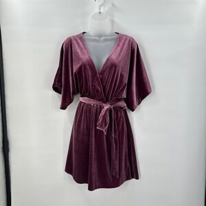 Velvet Wrap Mini‎ Dress Small Plum Purple Belted Kimono Sleeve Party Cocktail